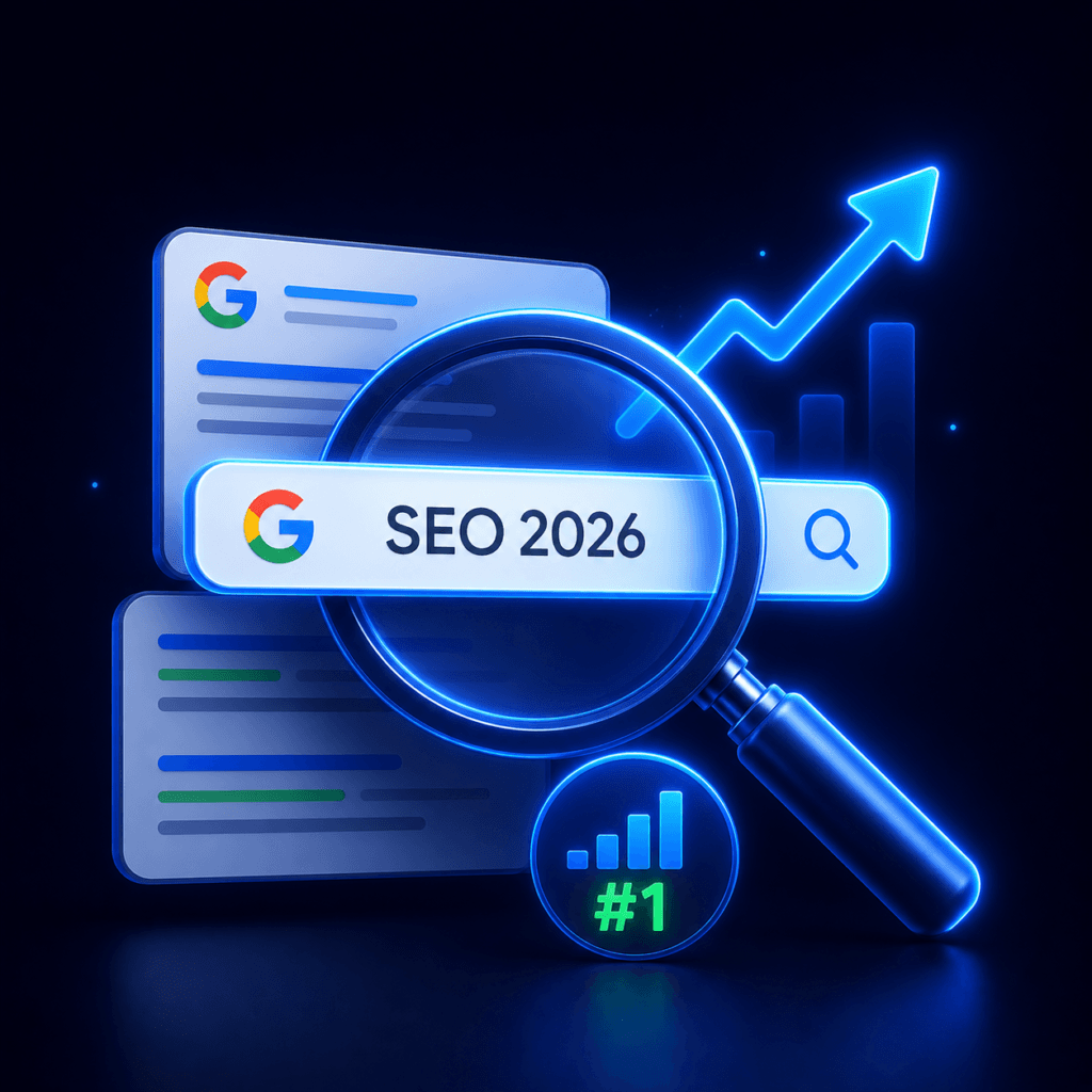 SEO 2026 icon showing search ranking and magnifying glass